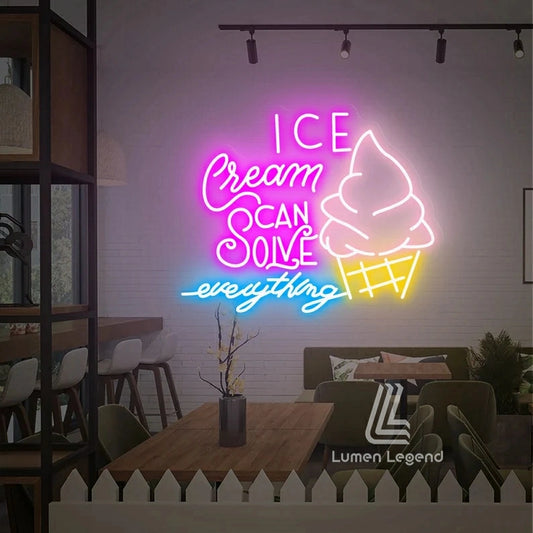 Ice cream solves everything neon sign, Ice cream shop neon sign, Ice cream art sign, Cafe decoration sign