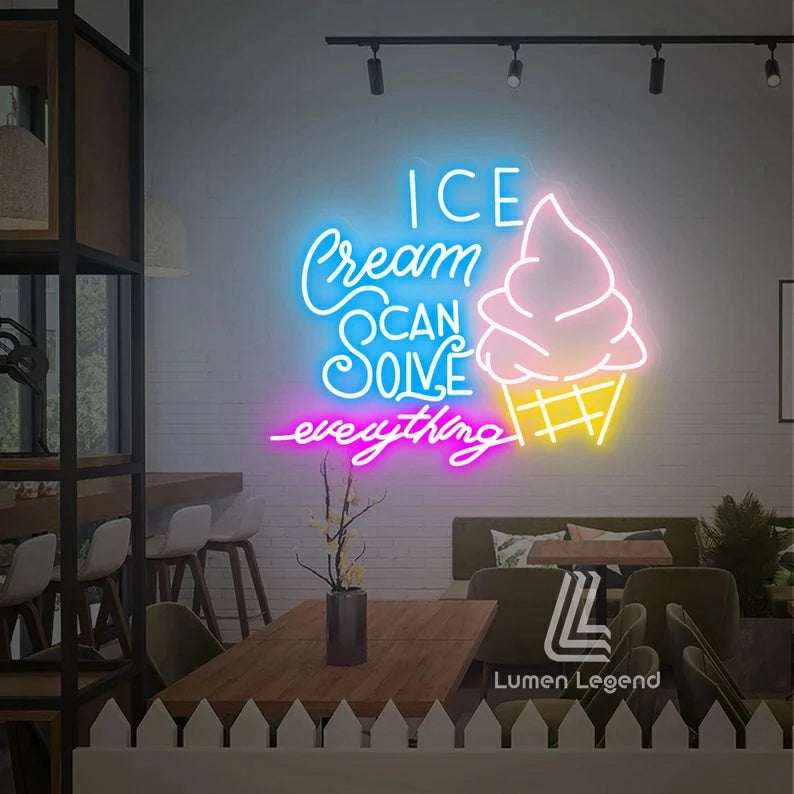 Ice Cream Solves Everything,Ice Cream Neon Sign - Ice Cream Shop Neon - Shop Decoration, Neon Sign Custom, Ice Cream Bar Sign,Food Shop Neon