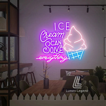 Ice cream solves everything neon sign, Ice cream shop neon sign, Ice cream art sign, Cafe decoration sign