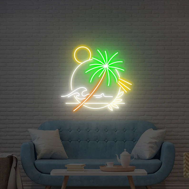 Palm Tree Sun Neon Sign, Palm Tree Beach Led Sign, Sea Ocean Led Light, Tropical Island Led Sign, Pool Party Wall Room Decor, Sand Neon Sign