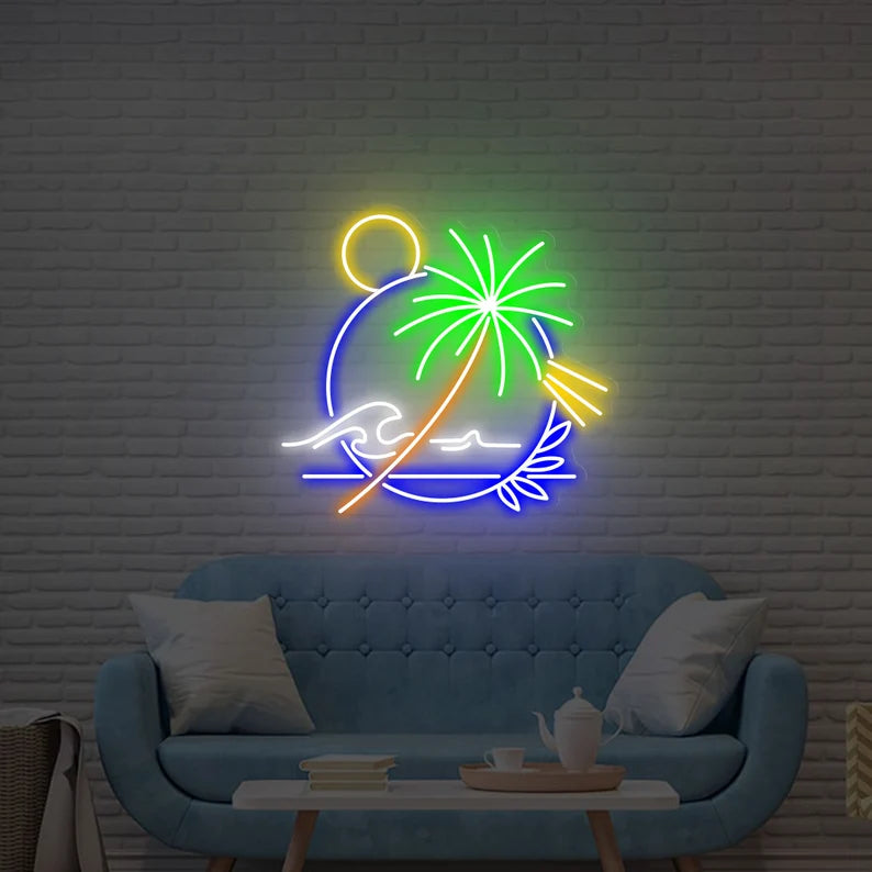 Palm Tree Neon Sign Custom Neon Sign Palm Tree LED Sign Bedroom Neon Sign Neon Wave Bar Sign Palm Tree Wall Art For Bar Tropical Neon Sign