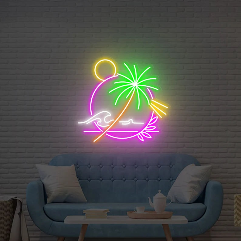 Palm tree in a circle led neon sign, Palm tree neon sign light, Beach sunset led neon sign, Palm tree light neon gift