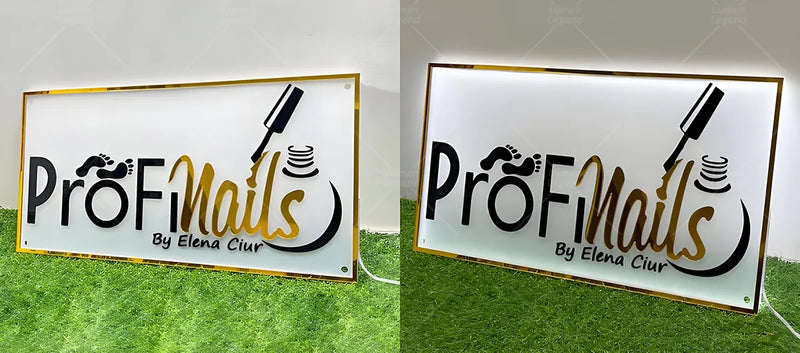 Elegant acrylic backlit sign for a nail salon, featuring gold and black lettering with a nail polish bottle design. The warm backlight creates a modern and inviting ambiance, perfect for beauty studio interiors or storefront displays.