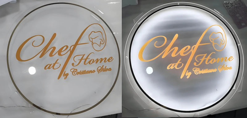 Custom acrylic backlit sign with “Chef at Home by Cristiano Silva” logo in golden color for restaurant or chef branding.