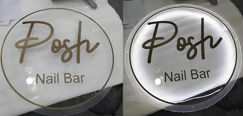 Custom acrylic backlit sign with “Posh Nail Bar” logo, featuring warm white LED glow and elegant script design.