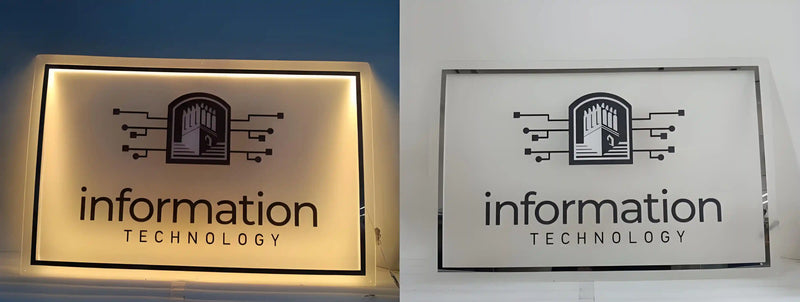 Custom acrylic backlit sign with LED warm white glow for information technology company logo display, showcasing sleek modern branding both lit and unlit.