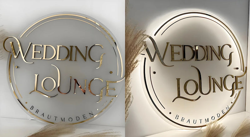 Luxury custom acrylic backlit sign with gold mirror finish for Wedding Lounge logo, elegant bridal store signage shown with and without LED illumination.