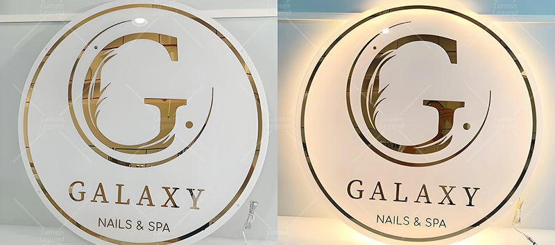 Round acrylic backlit sign with gold mirror finish and “GALAXY Nails & Spa” logo. Features elegant typography and a glowing halo effect, ideal for modern nail salons, spas, and luxury beauty studios.
