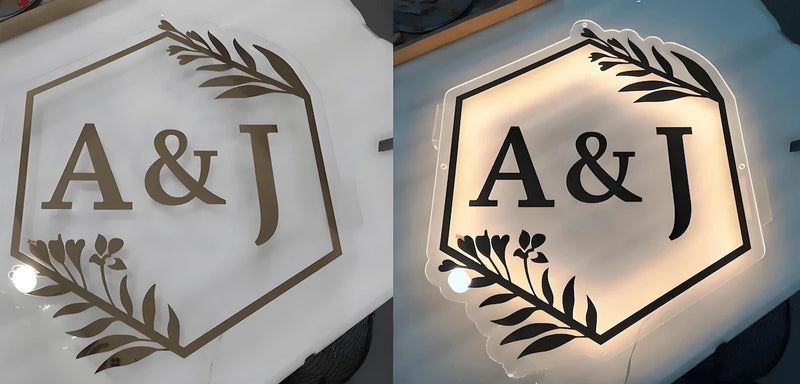 Hexagon-shaped acrylic backlit sign featuring “A & J” initials with leaf pattern, perfect for wedding or home decor.
