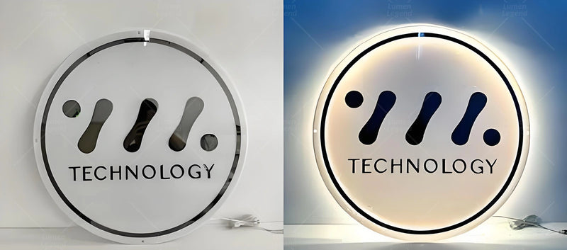 Sleek round acrylic backlit sign with minimalist geometric logo and the word “TECHNOLOGY,” softly illuminated in a cool white glow. Perfect for tech companies or innovation hubs, this acrylic backlit sign creates a modern and futuristic visual statement for office or lobby branding.