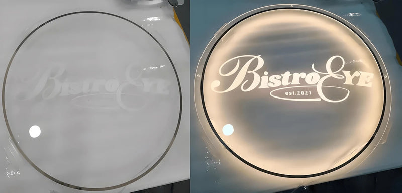 Personalized round acrylic lighted sign featuring “Bistro Eye est.2021” logo with warm white LED backlight.