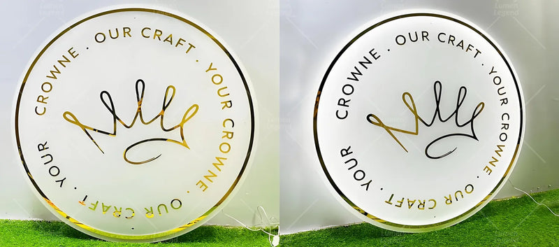 Elegant round acrylic backlit sign featuring gold and black lettering with a crown-inspired logo. The warm backlighting and clean white background create a luxurious and professional look, perfect for upscale beauty or hair studios.