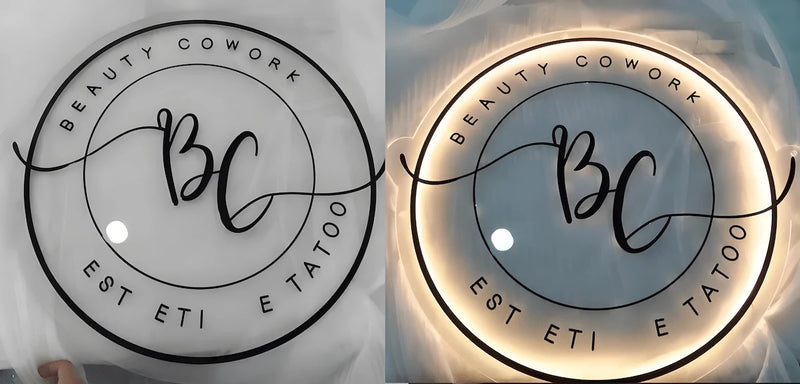 Round acrylic backlit sign displaying “Beauty Cowork” logo, ideal for beauty salon or tattoo studio branding.